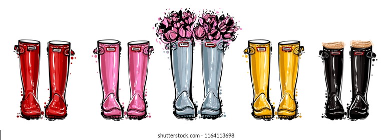 Blue rubber boots with flowers and red, black, yellow, pink hunter wellies. Fashion boot shoe for any weather. Hand drawn sketch for decoration seasonal celebration, greeting card or banner.