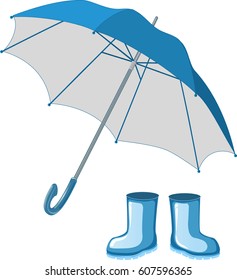 Blue rubber boots, umbrella