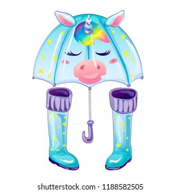 Blue rubber boots and umbrella in a vector style isolated. Vector for background, texture, wrapper pattern, frame or border.