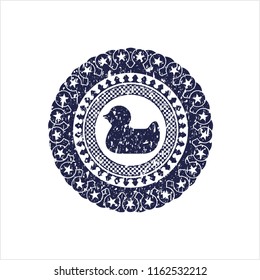 Blue rubber duck icon inside distressed rubber stamp