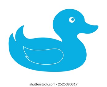 Pato de goma azul aislado sobre fondo blanco. Ilustración plana de dibujos animados. Concepto de juguetes de baño de los niños, pájaro lindo, arte brillante, patito. Icono, elemento de diseño, juguete juguetón para niños