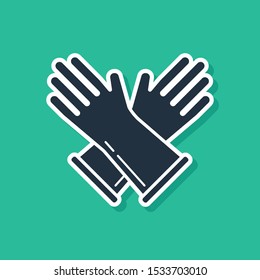Blue Rubber gloves icon isolated on green background. Latex hand protection sign. Housework cleaning equipment symbol.  Vector Illustration