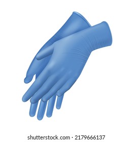 Blue rubber medical gloves on doctor hands realistic vector illustration. Medicine protective uniform for hygiene and disease prevention. Pair of safety wear housekeeping maid sanitize chores