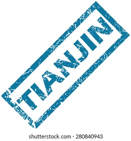 Blue rubber stamp with city name Tianjin, isolated on white