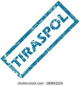 Blue rubber stamp with city name Tiraspol, isolated on white
