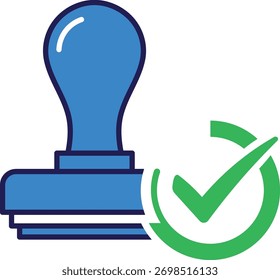 Blue rubber stamp with green checkmark icon on white background approval blue stamp confirmation