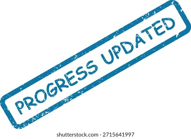 Un sello de goma azul que muestra "PROGRESS UPDATED" con un aspecto texturizado, que indica un cambio de Estado o nueva información.