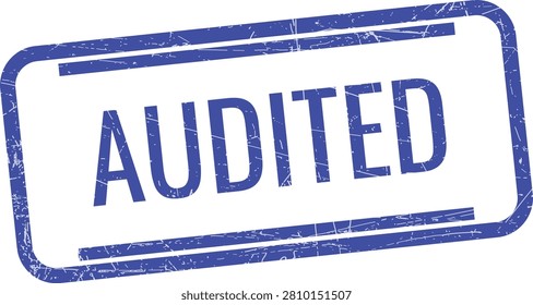 A blue rubber stamp impression with the word audited, featuring a worn, grunge texture effect.
