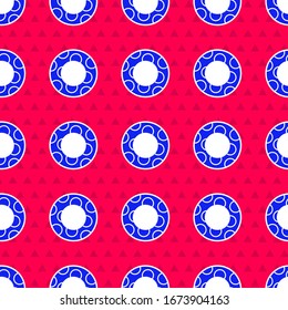 Blue Rubber swimming ring icon isolated seamless pattern on red background. Life saving floating lifebuoy for beach, rescue belt for saving people.  Vector Illustration