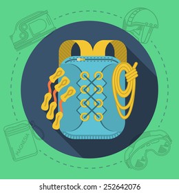 Blue rucksack with yellow straps, quickdraws and rope on round blue icon with gray contour outfit elements around. Flat color vector illustration for rock climbing on green background. Long shadow
