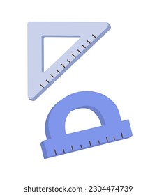 Blue rulers concept. Tool for drawing and studying degrees and angles. Geometry and drawing. Collection of school supplies. Poster or banner. Cartoon flat vector illustration