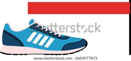 A blue running shoe with white stripes triumphantly crosses a red finish line, symbolizing victory and determination in a dynamic, minimalistic style.