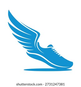 Blue running shoe with wing attached to side flying fast sport and fitness icon icon
