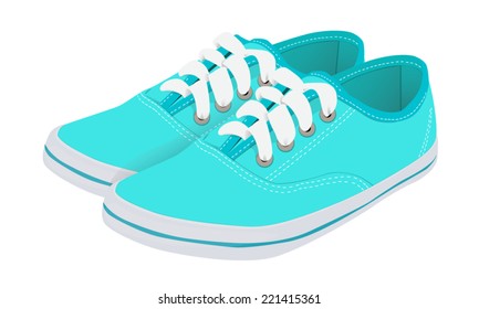 Blue running shoes with laces on a white rubber sole