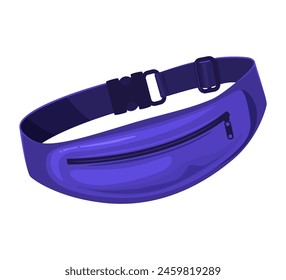 Blue running waist pack with adjustable strap and zippered pocket. Vector illustration. Fitness and travel accessory concept.