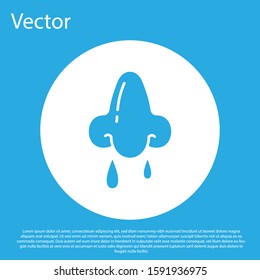 Blue Runny nose icon isolated on blue background. Rhinitis symptoms, treatment. Nose and sneezing. Nasal diseases. White circle button. Vector Illustration