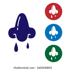 Blue Runny nose icon isolated on white background. Rhinitis symptoms, treatment. Nose and sneezing. Nasal diseases. Set color icons in circle buttons. Vector Illustration