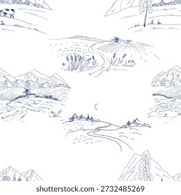 Blue rural landscape with fields, cow,  toile pattern.