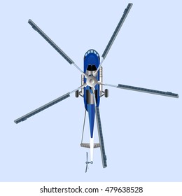 Blue Russian helicopter MI 8 view from the top, you can see the screw. For animation. Air passenger transport. Illustration in vector.