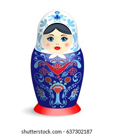 Blue russian ornamental nesting doll with shadow on white background. Russian national symbol. Colors of russian flag