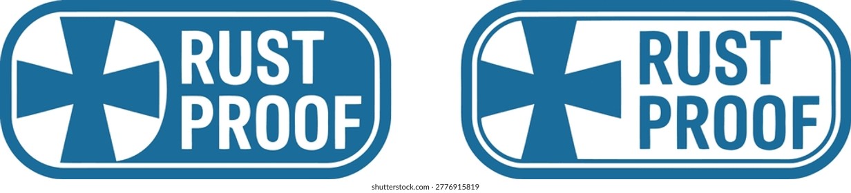 Blue rust proof label icons isolated on white background for industrial coating and metal protection branding