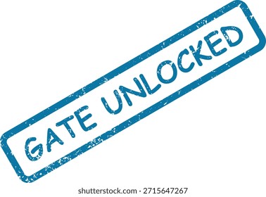 Un gráfico de sello de goma rústico azul declara audazmente "GATE UNLOCKED" en una superficie blanca pura, lo que indica libertad o Autorización.