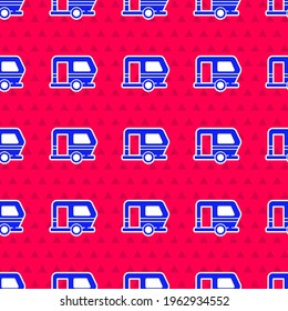 Blue Rv Camping trailer icon isolated seamless pattern on red background. Travel mobile home, caravan, home camper for travel.  Vector
