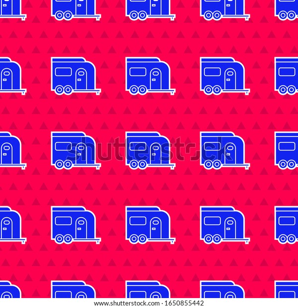 Blue Rv Camping trailer icon isolated\
seamless pattern on red background. Travel mobile home, caravan,\
home camper for travel.  Vector\
Illustration