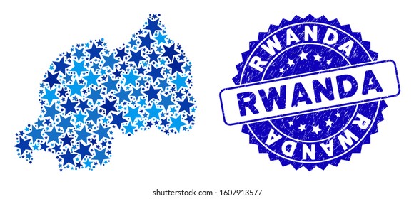 Blue Rwanda map collage of stars, and textured rounded stamp. Abstract geographic scheme in blue color tints. Vector Rwanda map is done of blue stars. Designed for political and patriotic doctrines.