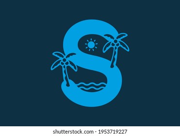 Blue of S initial letter with coconut tree and water design