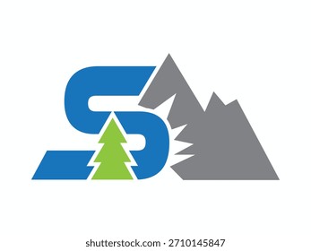 Logotipo azul S com árvore verde e pico de montanha cinza

