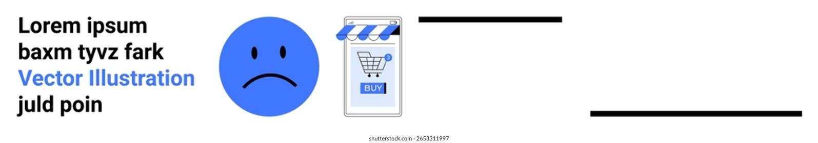 Azul triste face emoção ao lado de uma sacola de compras com um ícone de carrinho de compras. Texto de espaço reservado Lorem Ipsum incluído. Ideal para e-commerce, mídias sociais, feedback de clientes, expressão emocional, digital