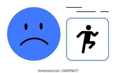 Blue sad face expressing unhappiness, beside a black running person icon within a blue-bordered square. Ideal for mental health awareness, emotional expression, emotional well-being, physical