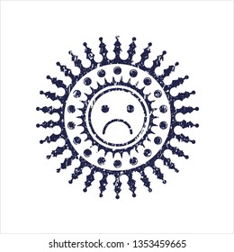 Blue sad face icon inside distressed grunge seal