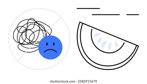 Blue sad face icon with tangled lines, contrasted by calm black-line watermelon slice. Ideal for mental health, stress relief, emotion management, wellness guides, educational materials, social