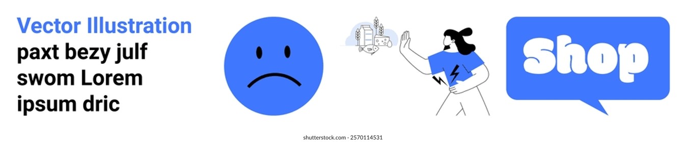 Blue sad face icon, woman wearing blue with a thumbs-up, and a blue shop banner cloud text. Ideal for online shopping, e-commerce promotions, retail therapy themes, digital marketing, and feedback