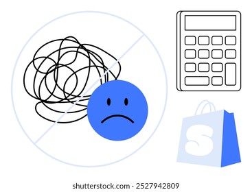 Una cara triste azul con una línea garabateada tachada dentro de un círculo, una calculadora y una bolsa de compras. Ideal para la gestión financiera Salud mental Reducción del estrés Presupuesto Educación financiera Conciencia