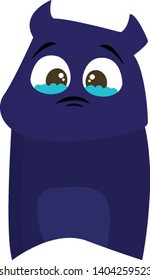 A blue sad teary eyed monster with horns, vector, color drawing or illustration. 