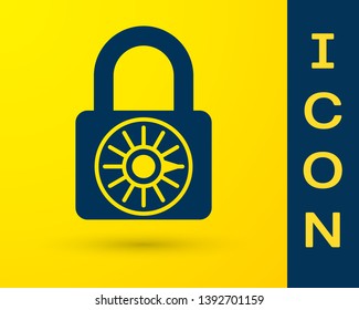 Blue Safe combination lock wheel icon isolated on yellow background. Combination padlock. Security, safety, protection, password, privacy concept. Vector Illustration