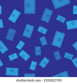 Blue Safe icon isolated seamless pattern on blue background. The door safe a bank vault with a combination lock. Reliable Data Protection. Vector Illustration