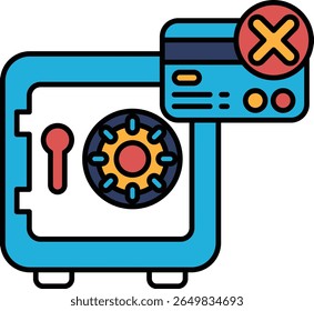 A blue safe with a red keyhole and a card with an X on it. The safe is empty
