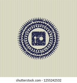 Blue safe, safety deposit box icon inside distress with rubber seal texture