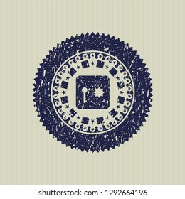 Blue safe, safety deposit box icon inside distressed rubber seal with grunge texture