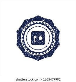 Blue safe, safety deposit box icon inside distressed rubber grunge texture seal