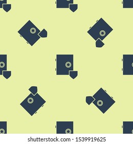 Blue Safe with shield icon isolated seamless pattern on yellow background. Insurance concept. Security, safety, protection, protect concept.  Vector Illustration