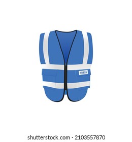 Blue safety vest, 3D realistic mockup front view. Bright jacket uniform with reflective tape to work at night. Construction or road worker vest.
