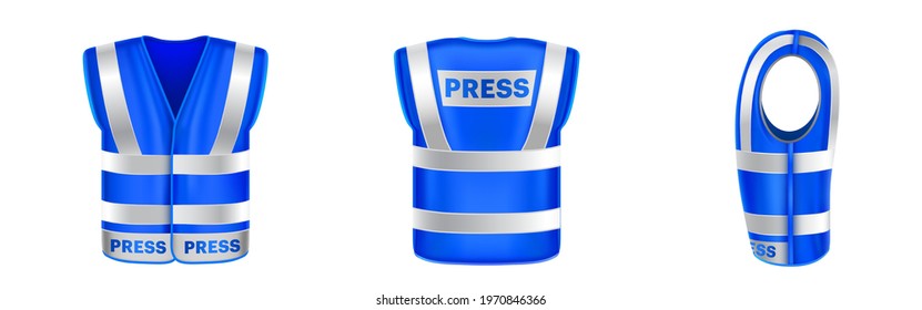 Blue safety vest for press with reflective stripes. Uniform for journalists, reporters and mass media workers. Vector realistic 3d waistcoat with reflectors in front, back and side view