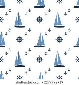 Blue sail yacht boat regatta vector seamless pattern. Vessel equipment - anchor and helm. Summer marine fabric print. Small ship, sail yacht endless ornament. Sport regatta illustration,