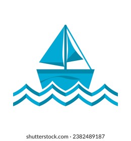 Blue sailboat floating on wave ocean sea icon flat vector design