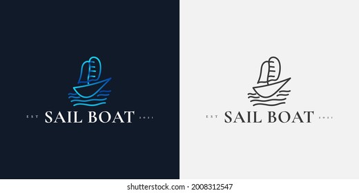 Blue Sailboat Logo Design with Line Style, Suitable for Travel or Tourism Industry Logos